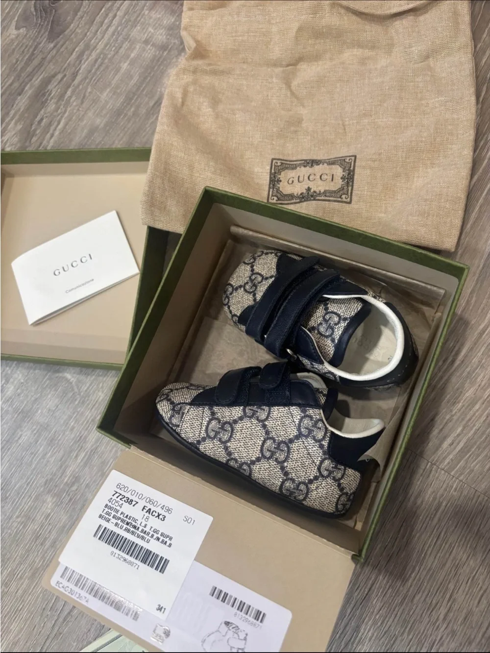 Gucci baby shoes Ace GG Supreme blue and grey bootie 18 size